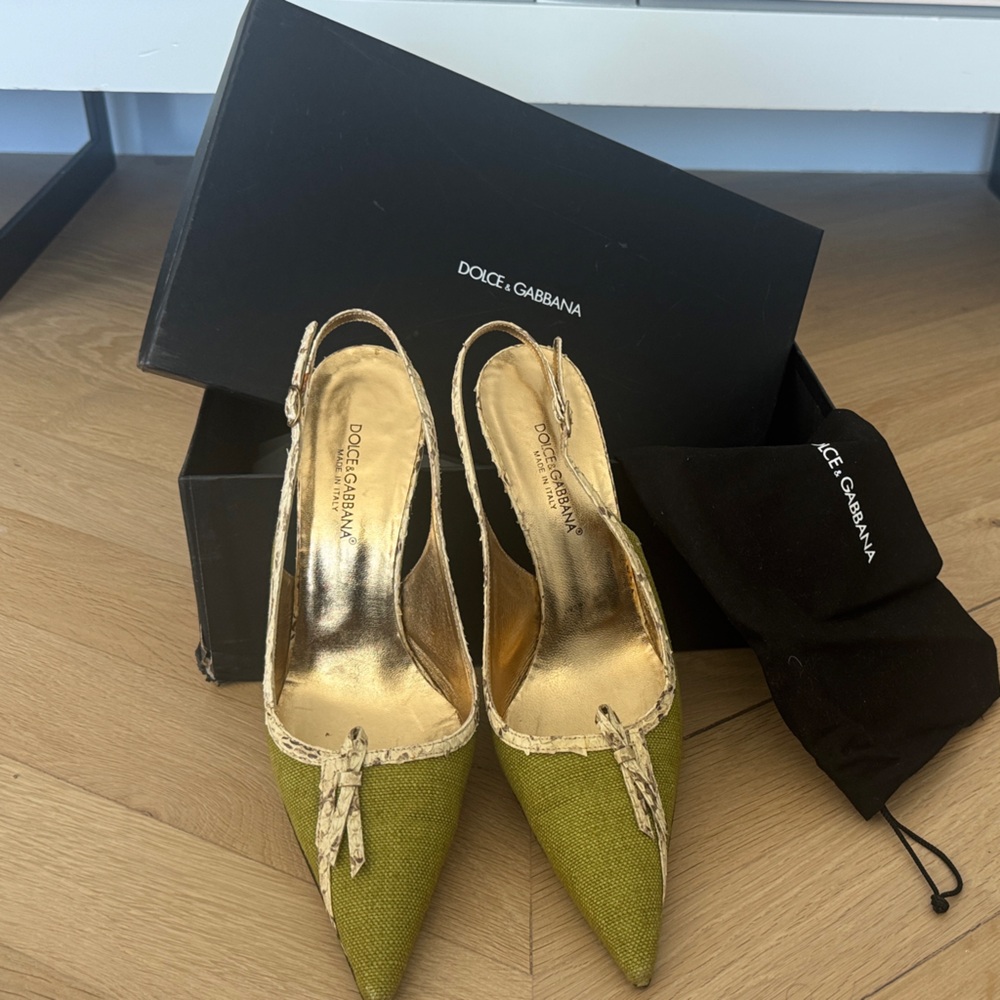 Dolce & Gabbana Olive Green Mules with Gold Accents